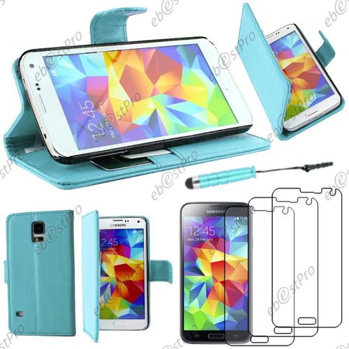 Ebeststar ® Housse Coque Etui Portefeuille Folio Book Livre Simili Cuir Pour Samsung Galaxy S5 Sm-G900f, G900, G900h, Couleur Bleu + Mini Stylet 3 Film