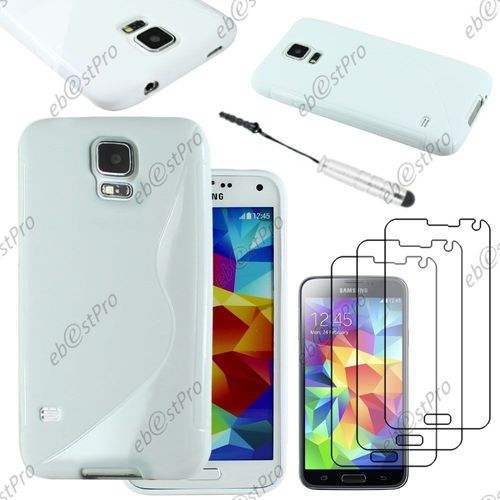 Ebeststar ® Housse Etui Coque Silicone Gel Motif S-Line Protection Souple Pour Samsung Galaxy S5 Sm-G900f, G900, G900h, Couleur Blanc + Mini Stylet 3 Film