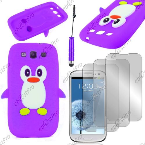 Ebeststar ® Etui Housse Coque Pingouin Silicone Souple Design Fun Pour Samsung Galaxy S3 I9300 I9305, Couleur Violet + Mini Stylet 3 Film