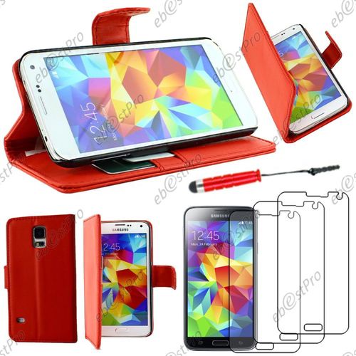 Ebeststar ® Housse Coque Etui Portefeuille Folio Book Livre Simili Cuir Pour Samsung Galaxy S5 Sm-G900f, G900, G900h, Couleur Rouge + Mini Stylet 3 Film
