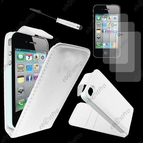 Ebeststar ® Housse Coque Etui Simili Cuir À Rabat Vertical Pour Apple Iphone 4s, 4, Couleur Blanc + Mini Stylet 3 Film