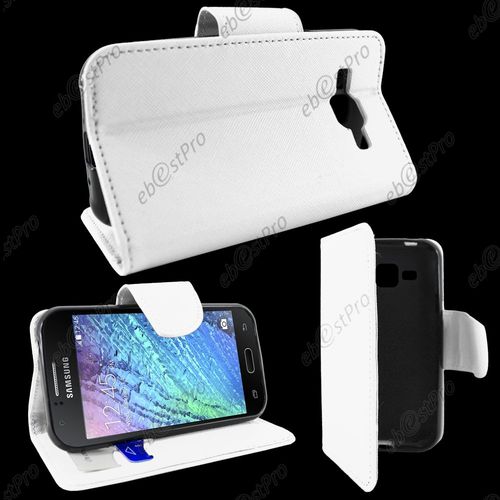 Ebeststar ® Housse Portefeuille Coque Etui Protection Folio Pour Samsung Galaxy J1 Sm-J100f, Couleur Blanc + Film Protection D'écran
