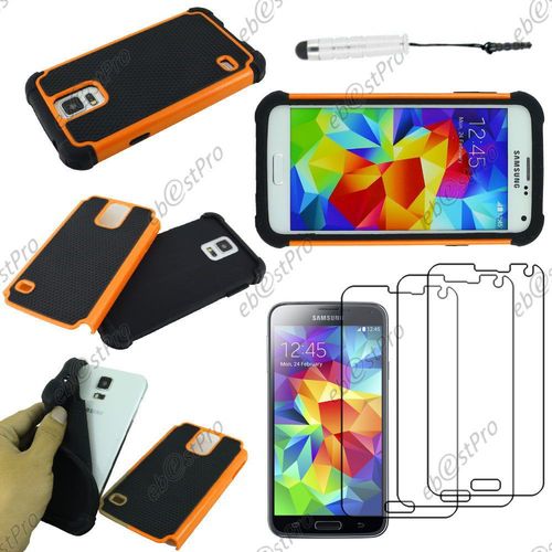 Ebeststar ® Coque Duo Bi-Couches En Silicone Et Polycarbonate Etui Housse Pour Samsung Galaxy S5 Sm-G900f, G900, G900h, Couleur Orange + Mini Stylet 3 Film