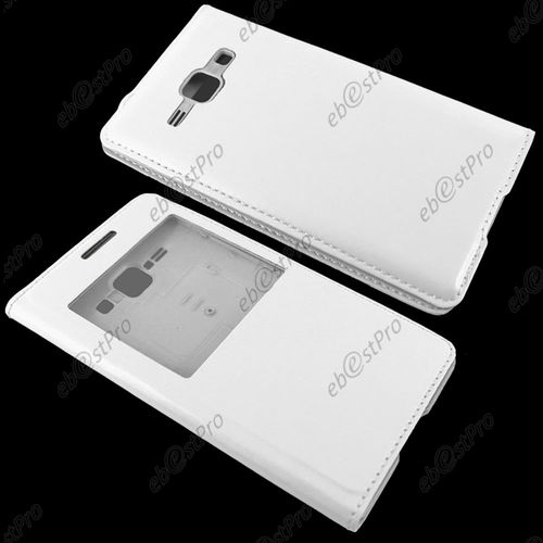 Ebeststar ® Housse Pochette Protection Coque Etui Type S-View Pour Samsung Galaxy J1 Sm-J100f, Couleur Blanc + Film Protection D'écran