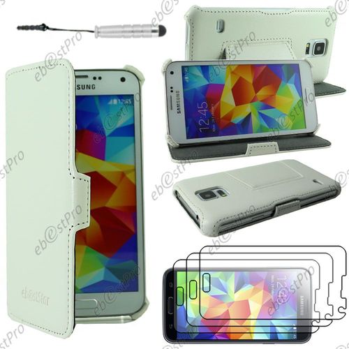 Ebeststar ® Housse Etui Cuir Pu Luxe Avec Support Stand Pour Samsung Galaxy S5 Sm-G900f, G900, G900h, Couleur Blanc + Mini Stylet 3 Film
