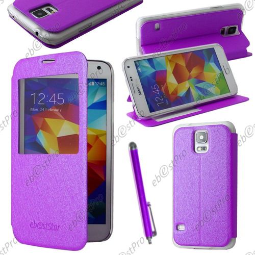 Ebeststar ® Coque Etui Flip View Cover Housse Portefeuille Grande Fenêtre Pour Samsung Galaxy S5 Sm-G900f, G900, G900h, Couleur Violet + Stylet + Film Protection D'écran