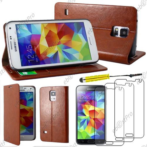 Ebeststar ® Housse Coque Etui Portefeuille Folio Book Livre Pu Cuir Pour Samsung Galaxy S5 Sm-G900f, G900, G900h, Couleur Marron + Mini Stylet 3 Film