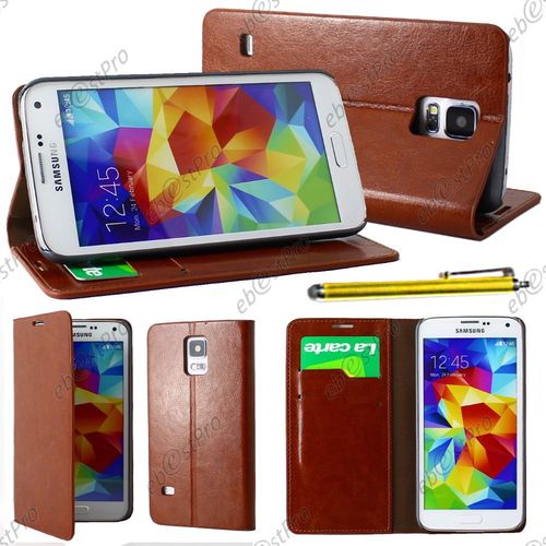Ebeststar ® Housse Coque Etui Portefeuille Folio Book Livre Pu Cuir Pour Samsung Galaxy S5 Sm-G900f, G900, G900h, Couleur Marron + Stylet + Film Protection D'écran