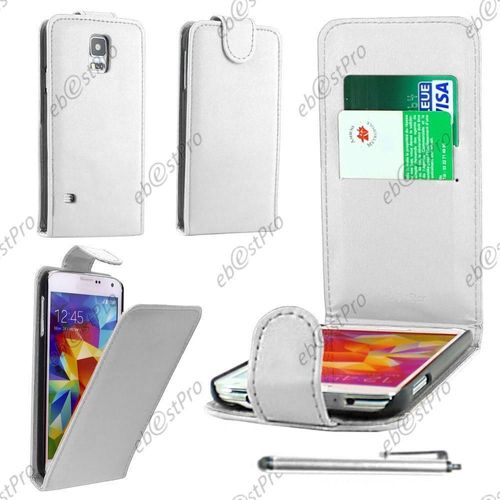 Ebeststar ® Housse Coque Etui Simili Cuir À Rabat Vertical Pour Samsung Galaxy S5 Sm-G900f, G900, G900h, Couleur Blanc + Stylet + Film Protection D'écran