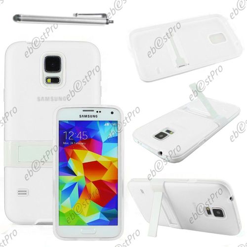 Ebeststar ® Housse Etui Coque En Silicone Gel Tpu Avec Support Stand Béquille Pour Samsung Galaxy S5 Sm-G900f, G900, G900h, Couleur Blanc + Stylet + Film Protection D'écran