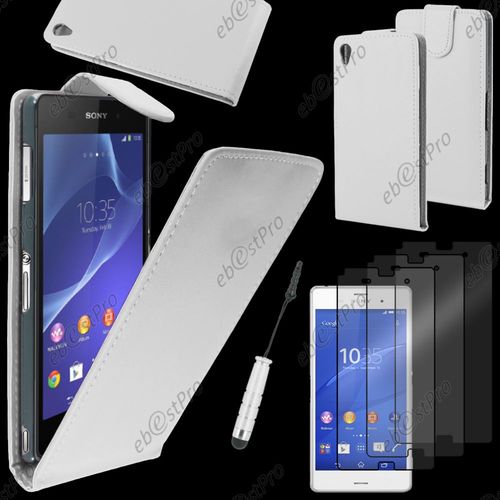Ebeststar ® Housse Coque Etui Simili Cuir À Rabat Vertical Pour Sony Xperia Z3 D6603, Couleur Blanc + Mini Stylet 3 Film