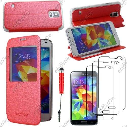 Ebeststar ® Coque Etui Flip View Cover Housse Portefeuille Grande Fenêtre Pour Samsung Galaxy S5 Sm-G900f, G900, G900h, Couleur Rouge + Mini Stylet 3 Film