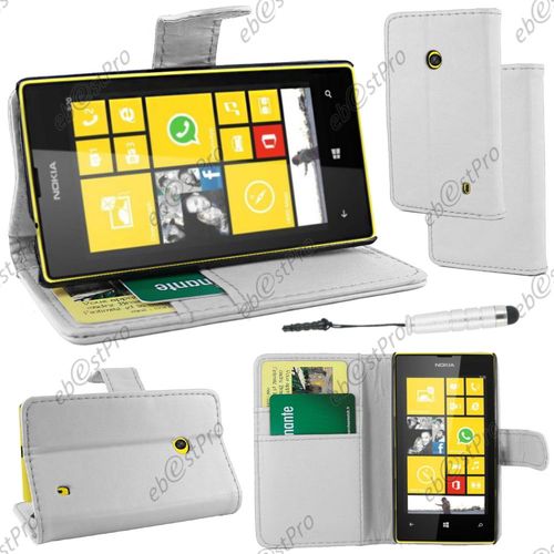 Ebeststar ® Housse Coque Etui Portefeuille Folio Book Livre Simili Cuir Pour Nokia Lumia 520, Couleur Blanc + Mini Stylet + Film Protection D'écran