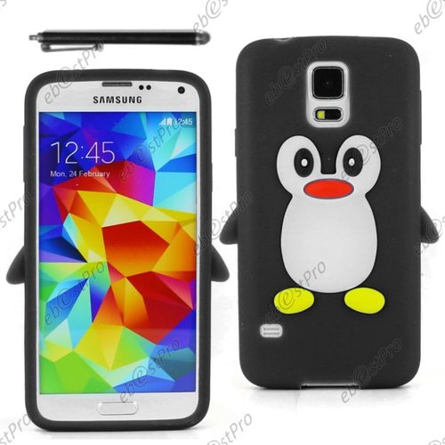 Ebeststar ® Etui Housse Coque Pingouin Silicone Souple Design Fun Pour Samsung Galaxy S5 Sm-G900f, G900, G900h, Couleur Noir + Stylet + Film Protection D'écran