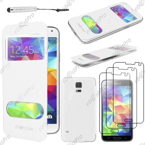 Ebeststar ® Housse Coque Etui Smart View Cover Type S-View Portefeuille Livre Pour Samsung Galaxy S5 Sm-G900f, G900, G900h, Couleur Blanc + Mini Stylet 3 Film
