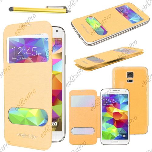 Ebeststar ® Housse Coque Etui Smart View Cover Type S-View Portefeuille Livre Pour Samsung Galaxy S5 Sm-G900f, G900, G900h, Couleur Jaune + Stylet + Film Protection D'écran