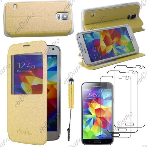 Ebeststar ® Coque Etui Flip View Cover Housse Portefeuille Grande Fenêtre Pour Samsung Galaxy S5 Sm-G900f, G900, G900h, Couleur Jaune + Mini Stylet 3 Film