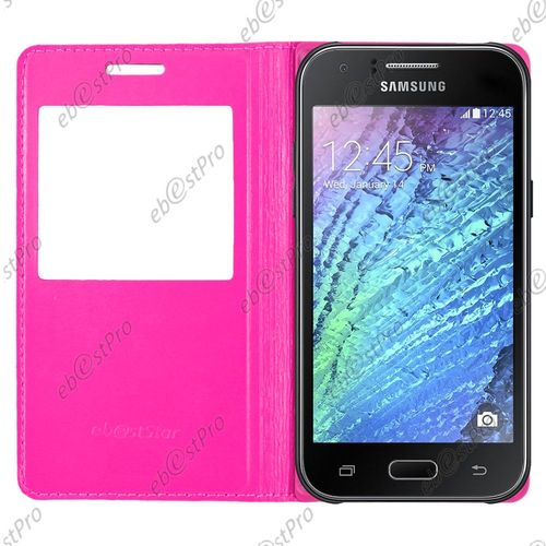 Ebeststar ® Housse Pochette Protection Coque Type S-View Portefeuille Livre Pour Samsung Galaxy J1 Sm-J100f, Couleur Rose + Film Protection D'écran