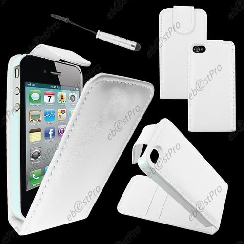 Ebeststar ® Housse Coque Etui Simili Cuir À Rabat Vertical Pour Apple Iphone 4s, 4, Couleur Blanc + Mini Stylet + Film Protection D'écran