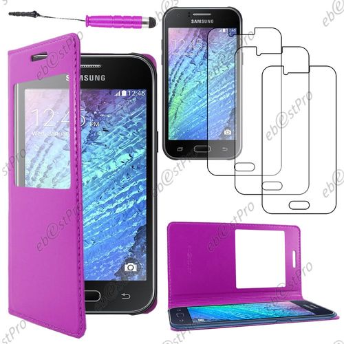 Ebeststar ® Housse Coque Etui Smart View Cover Type S-View Portefeuille Livre Pour Samsung Galaxy J1 Sm-J100f, Couleur Violet + Mini Stylet 3 Film
