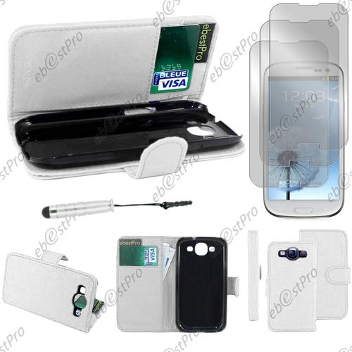 Ebeststar ® Housse Coque Etui Portefeuille Folio Book Livre Simili Cuir Pour Samsung Galaxy S3 I9300 I9305, Couleur Blanc + Mini Stylet 3 Film