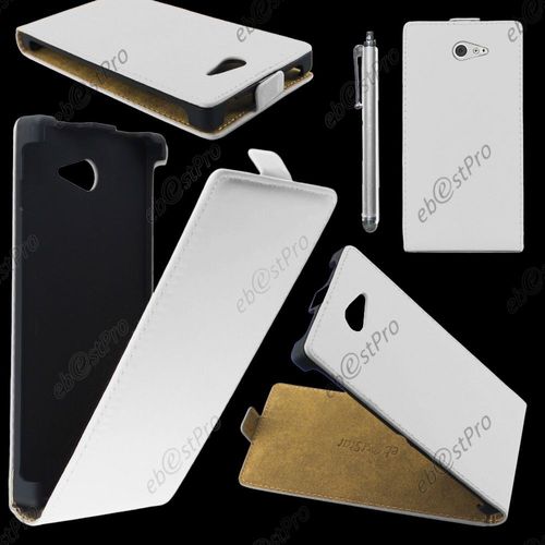 Ebeststar ® Housse Coque Etui En Pu Cuir À Rabat Ultra Fine (Slim Case) Pour Sony Xperia M2 D2302 D2303, Couleur Blanc + Stylet + Film Protection D'écran