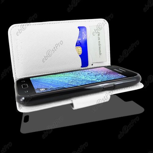 Ebeststar ® Housse Coque Etui Portefeuille Folio Book Livre Simili Cuir Pour Samsung Galaxy J1 Sm-J100f, Couleur Blanc + Film Protection D'écran