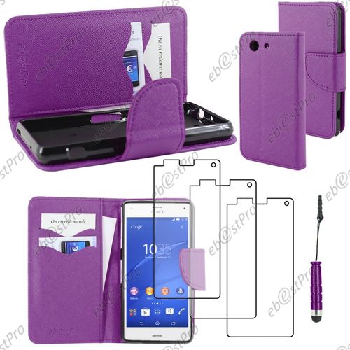 Ebeststar ® Housse Coque Etui Portefeuille Folio Book Livre Simili Cuir Pour Sony Xperia Z3 Compact, Couleur Violet + Mini Stylet 3 Film