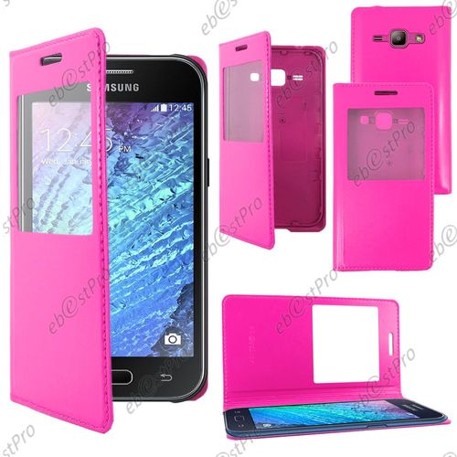 Ebeststar ® Housse Coque Etui Smart View Cover Type S-View Portefeuille Livre Pour Samsung Galaxy J1 Sm-J100f, Couleur Rose + Film Protection D'écran
