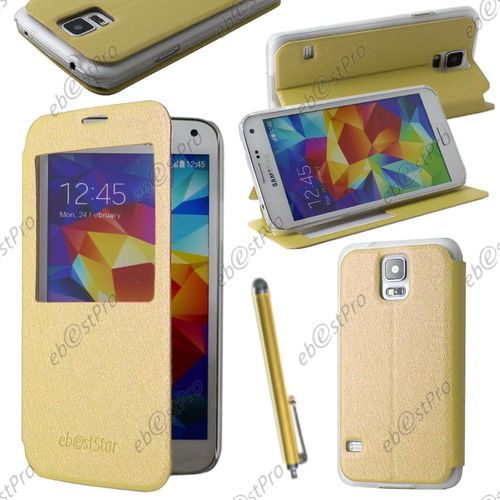 Ebeststar ® Coque Etui Flip View Cover Housse Portefeuille Grande Fenêtre Pour Samsung Galaxy S5 Sm-G900f, G900, G900h, Couleur Jaune + Stylet + Film Protection D'écran