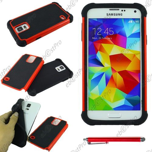 Ebeststar ® Coque Duo Bi-Couches En Silicone Et Polycarbonate Etui Housse Pour Samsung Galaxy S5 Sm-G900f, G900, G900h, Couleur Rouge + Stylet + Film Protection D'écran