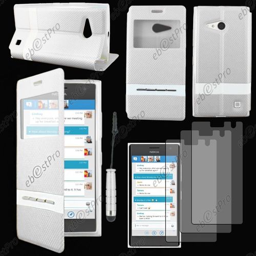 Ebeststar ® Housse Coque Etui Smart View Cover Type S-View Portefeuille Livre Pour Nokia Lumia 735 730 Dual, Couleur Blanc + Mini Stylet 3 Film