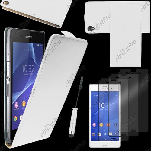 Ebeststar ® Housse Coque Etui En Pu Cuir À Rabat Ultra Fine (Slim Case) Pour Sony Xperia Z3 D6603, Couleur Blanc + Mini Stylet 3 Film