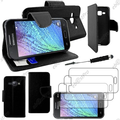 Ebeststar ® Housse Coque Etui Portefeuille Folio Book Livre Simili Cuir Pour Samsung Galaxy J1 Sm-J100f, Couleur Noir + Mini Stylet 3 Film