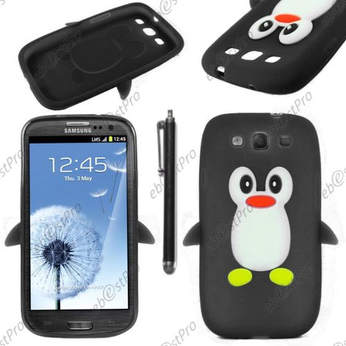 Ebeststar ® Etui Housse Coque Pingouin Silicone Souple Design Fun Pour Samsung Galaxy S3 I9300 I9305, Couleur Noir + Stylet + Film Protection D'écran