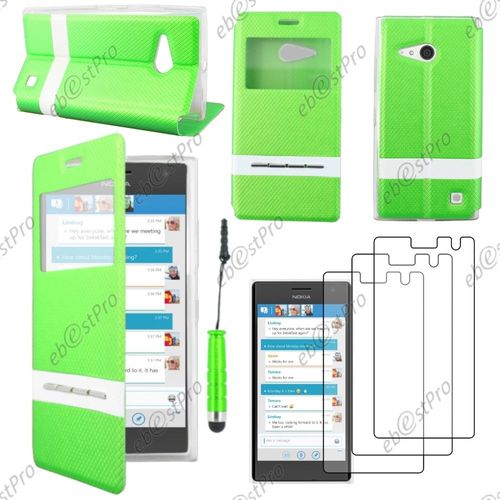 Ebeststar ® Housse Coque Etui Smart View Cover Type S-View Portefeuille Livre Pour Nokia Lumia 735 730 Dual, Couleur Vert + Mini Stylet 3 Film