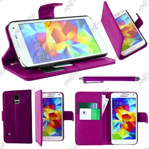 Ebeststar ® Housse Coque Etui Portefeuille Folio Book Livre Simili Cuir Pour Samsung Galaxy S5 Sm-G900f, G900, G900h, Couleur Violet + Stylet + Film Protection D'écran