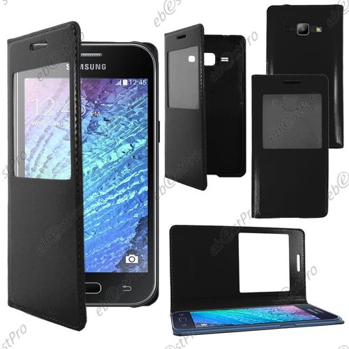 Ebeststar ® Housse Coque Etui Smart View Cover Type S-View Portefeuille Livre Pour Samsung Galaxy J1 Sm-J100f, Couleur Noir + Film Protection D'écran