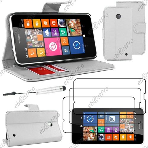 Ebeststar ® Housse Coque Etui Portefeuille Folio Book Livre Simili Cuir Pour Nokia Lumia 630, Couleur Blanc + Mini Stylet 3 Film