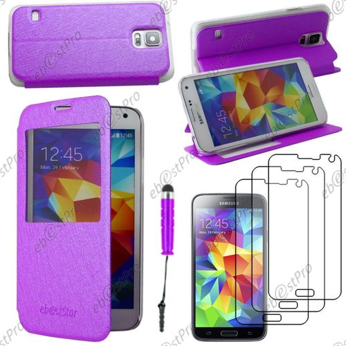 Ebeststar ® Coque Etui Flip View Cover Housse Portefeuille Grande Fenêtre Pour Samsung Galaxy S5 Sm-G900f, G900, G900h, Couleur Violet + Mini Stylet 3 Film
