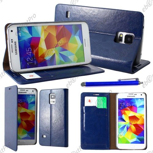 Ebeststar ® Housse Coque Etui Portefeuille Folio Book Livre Pu Cuir Pour Samsung Galaxy S5 Sm-G900f, G900, G900h, Couleur Bleu + Stylet + Film Protection D'écran