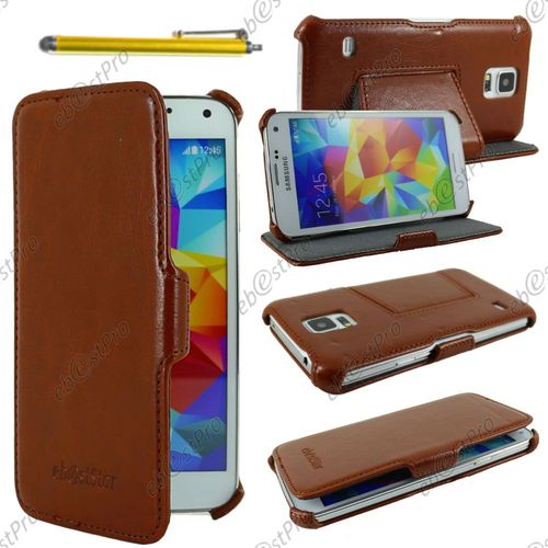 Ebeststar ® Housse Etui Cuir Pu Luxe Avec Support Stand Pour Samsung Galaxy S5 Sm-G900f, G900, G900h, Couleur Marron + Stylet + Film Protection D'écran