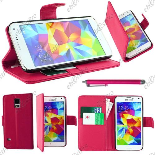 Ebeststar ® Housse Coque Etui Portefeuille Folio Book Livre Simili Cuir Pour Samsung Galaxy S5 Sm-G900f, G900, G900h, Couleur Rose + Stylet + Film Protection D'écran