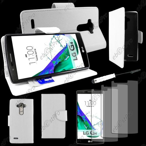 Ebeststar ® Housse Coque Etui Portefeuille Folio Book Livre Simili Cuir Pour Lg G4 H815, G4 Dual-Lte, Couleur Blanc + Mini Stylet 3 Film