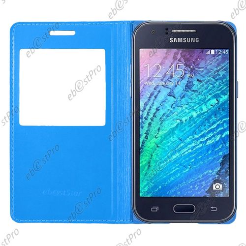Ebeststar ® Housse Pochette Protection Coque Type S-View Portefeuille Livre Pour Samsung Galaxy J1 Sm-J100f, Couleur Bleu + Film Protection D'écran