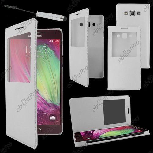 Ebeststar ® Housse Coque Etui Smart View Cover Type S-View Portefeuille Livre Pour Samsung Galaxy A3 Sm-A300f, Couleur Blanc + Mini Stylet + Film Protection D'écran
