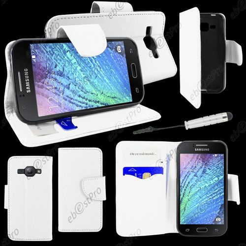 Ebeststar ® Housse Coque Etui Portefeuille Folio Book Livre Simili Cuir Pour Samsung Galaxy J1 Sm-J100f, Couleur Blanc + Mini Stylet + Film Protection D'écran
