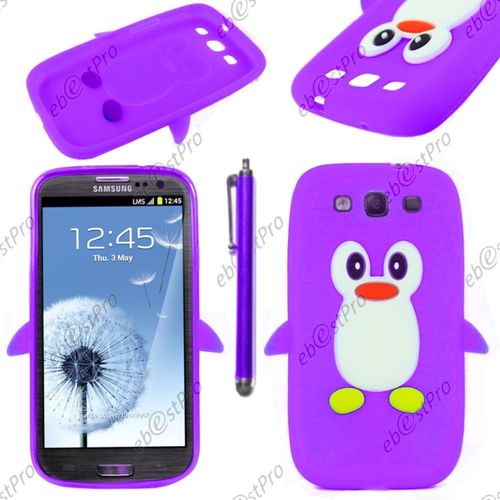 Ebeststar ® Etui Housse Coque Pingouin Silicone Souple Design Fun Pour Samsung Galaxy S3 I9300 I9305, Couleur Violet + Stylet + Film Protection D'écran