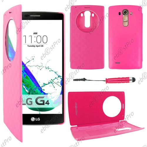Ebeststar ® Coque Etui Flip View Cover Housse Portefeuille Grande Fenêtre Pour Lg G4 H815, G4 Dual-Lte, Couleur Rose + Mini Stylet + Film Protection D'écran