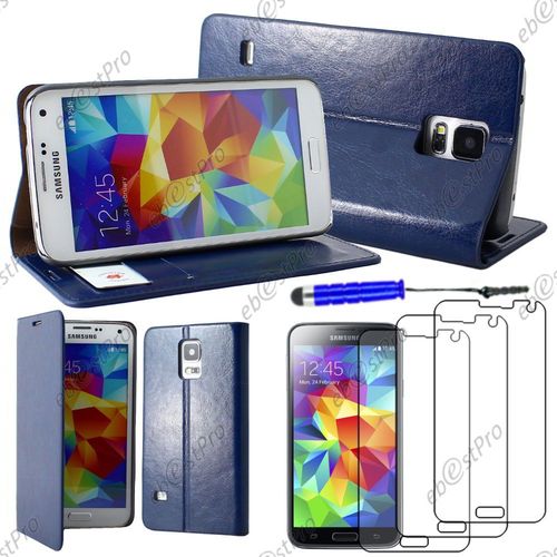 Ebeststar ® Housse Coque Etui Portefeuille Folio Book Livre Pu Cuir Pour Samsung Galaxy S5 Sm-G900f, G900, G900h, Couleur Bleu + Mini Stylet 3 Film